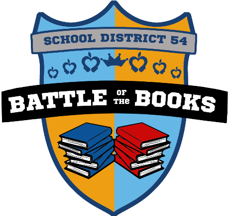 Logo for the Schaumburg School District 54 Battle of the Books. Logo is in the shape of a shield, with the alternating colors of light blue and gold. Two banners are overlapping the top of the shield. The top banner reads "School District 54". A banner across the center of the shield reads "" Battle of the Books". There are iamges of a stack of books on the bottom left and right sides of the shield. One stack is colored blue, the other is colored red.